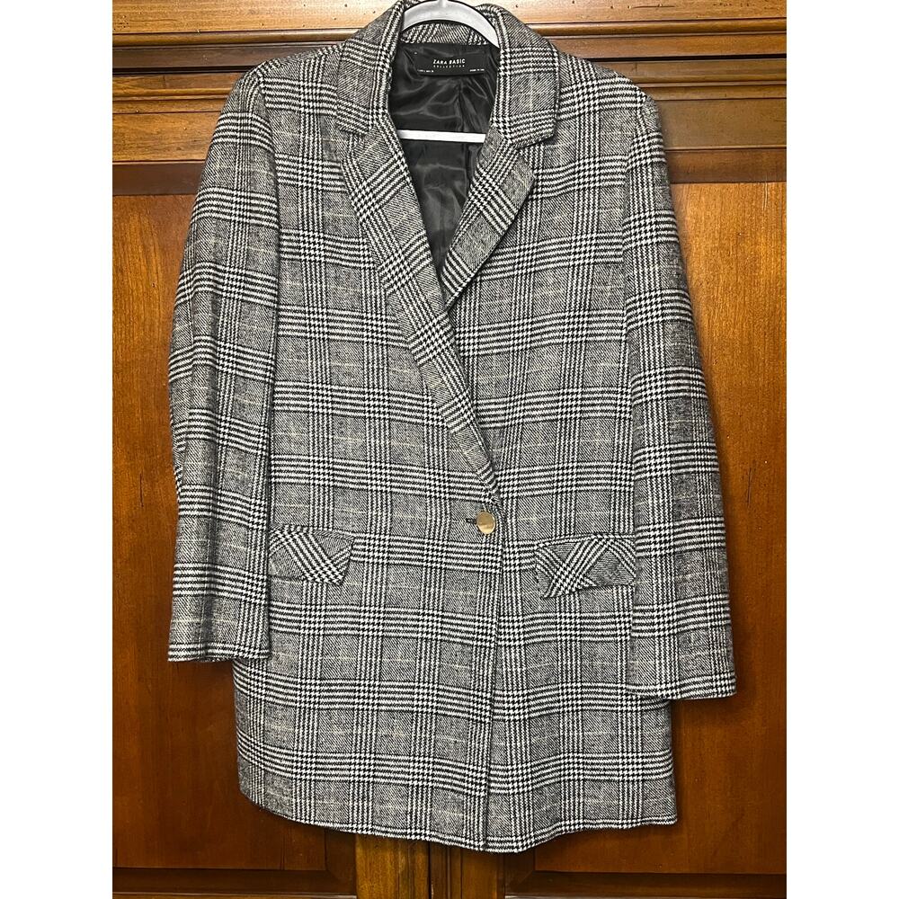 Zara Longline Double Breasted Checked Blazer Wool Blend